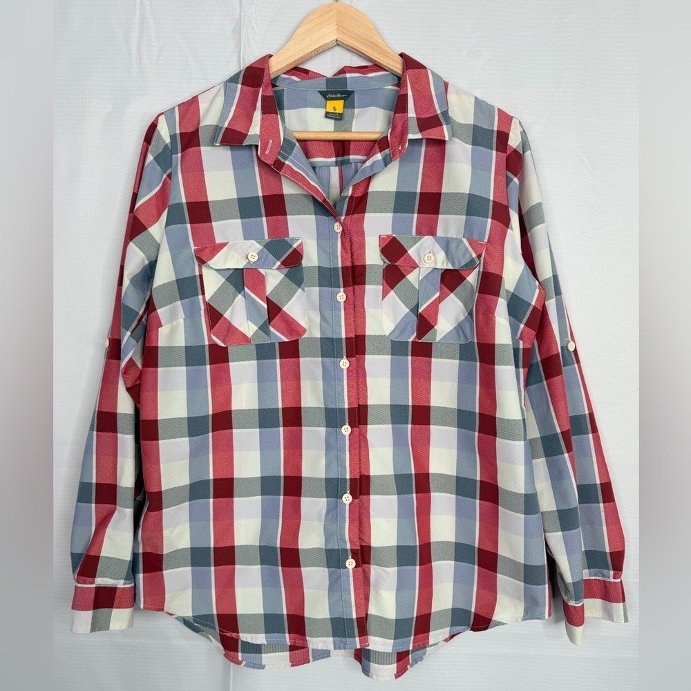 Eddie Bauer Womens Red Blue Plaid Roll Tab Long Sleeve Button Up Shirt Large